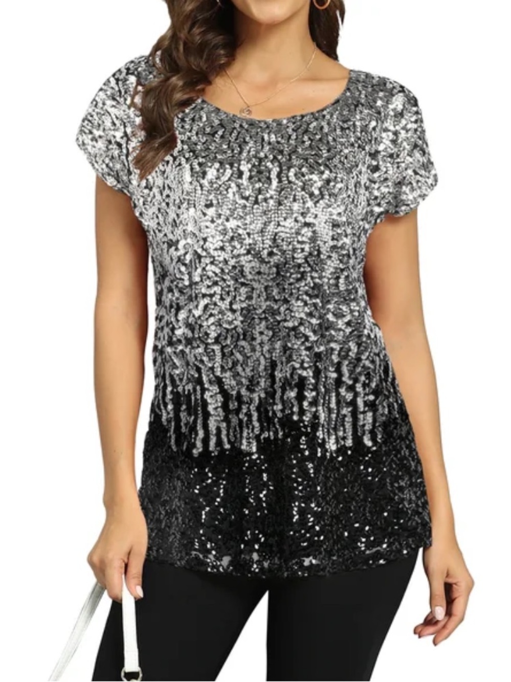 NEW Pretty Guide Sequins Blouse Black Silver Lined Womens Sz M Cap Sleeve NIP